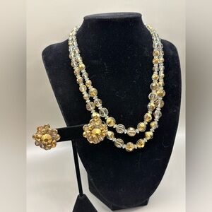 Vintage Hobé Gold Glass Double strand necklace & clip earrings